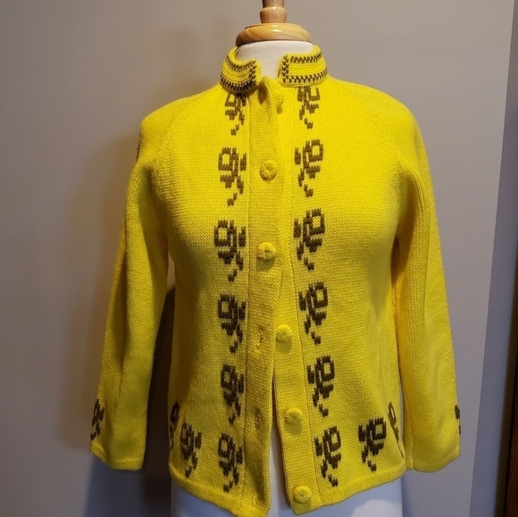 Vintage 50s hand loomed yellow sweater cardigan - Picture 1 of 10